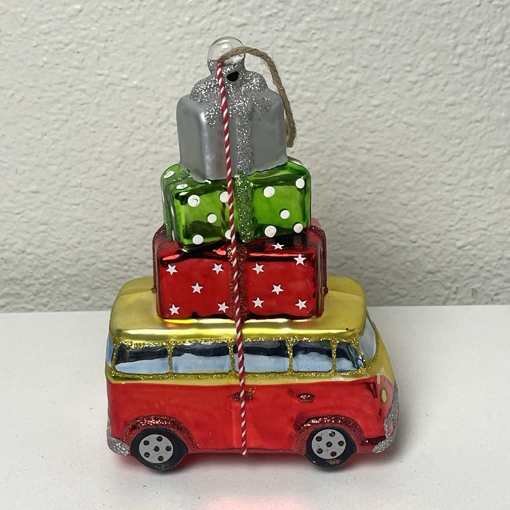 VW Bus w/ Gifts Blown Glass Glitter 7" Christmas Ornament Pottery Barn